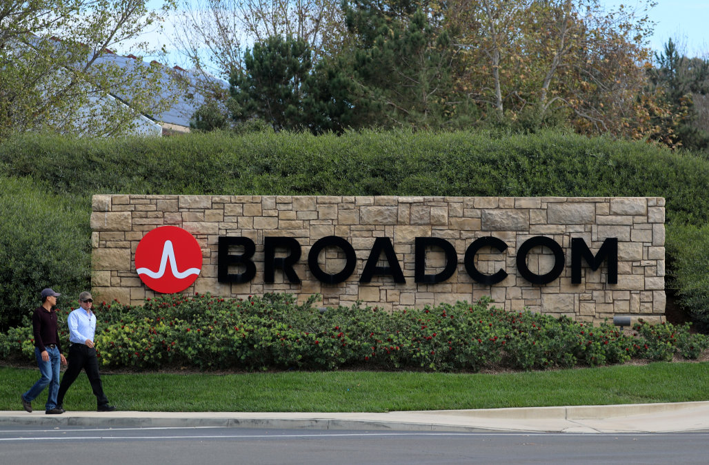 A sign to the campus offices of chip maker Broadcom Ltd, who announced on Monday an unsolicited bid to buy peer Qualcomm Inc for $103 billion, is shown in Irvine, California